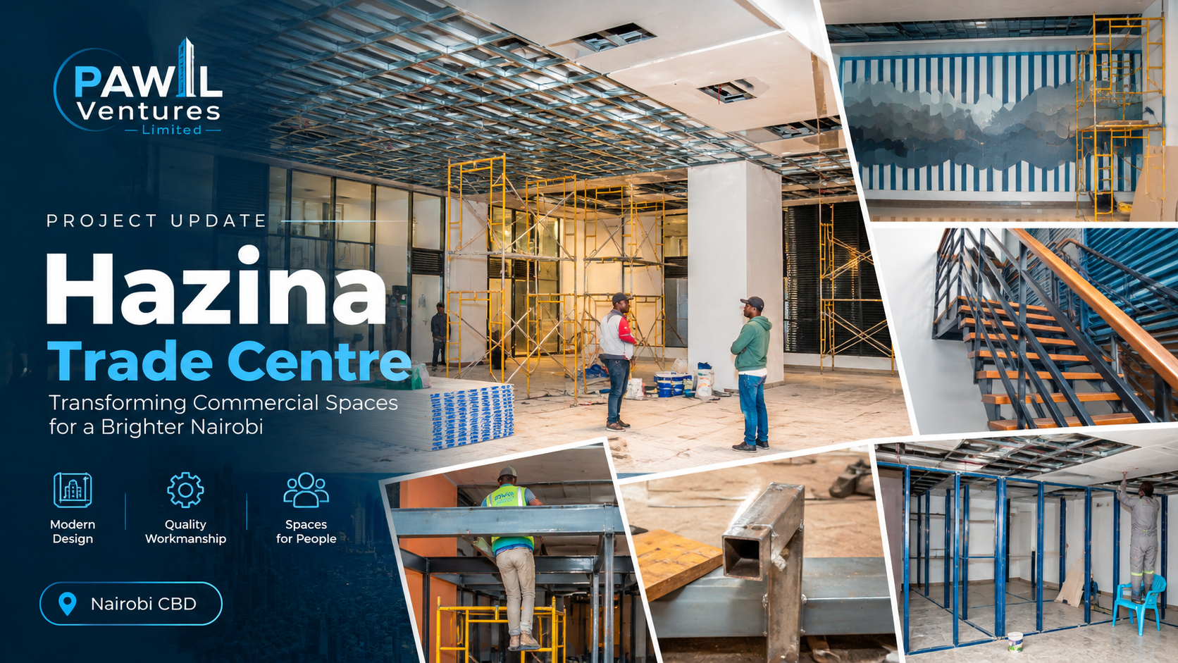 Commercial shop fit-out project at Hazina Trade Centre in Nairobi CBD, showing ongoing interior construction and ceiling framework installation.